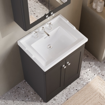Nuie Classique Floor Standing 2-Door Vanity Unit with Traditional Basin 600mm Wide Satin Anthracite - 3 Tap Hole | Product Image