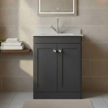 Nuie Classique Floor Standing 2-Door Vanity Unit with 1TH Grey Marble Top Basin 600mm Wide - Satin Anthracite