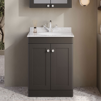 Nuie Classique Floor Standing 2-Door Vanity Unit with 1TH Grey Marble Top Basin 600mm Wide - Satin Anthracite | Product Image