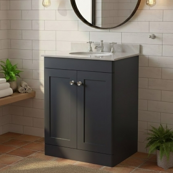 Nuie Classique Floor Standing 2-Door Vanity Unit with 3TH Grey Marble Top Basin 600mm Wide - Satin Anthracite