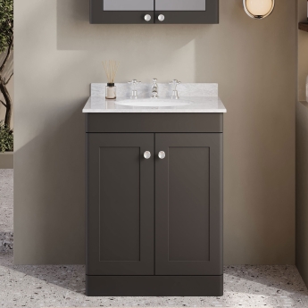 Nuie Classique Floor Standing 2-Door Vanity Unit with 3TH Grey Marble Top Basin 600mm Wide - Satin Anthracite | Product Image
