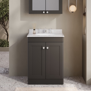 Nuie Classique Floor Standing 2-Door Vanity Unit with 3TH Grey Marble Top Basin 600mm Wide - Satin Anthracite | Product Image