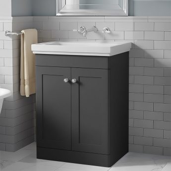 Nuie Classique Floor Standing 2-Door Vanity Unit with Classic Basin 600mm Wide Satin Anthracite - 0 Tap Hole