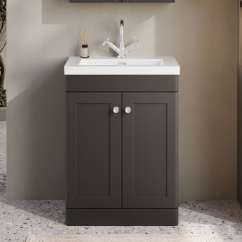 Nuie Classique Floor Standing 2-Door Vanity Unit with 1TH Contemporary Basin 600mm Wide - Satin Anthracite | Product Image