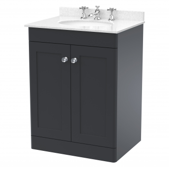 Nuie Classique Floor Standing 2-Door Vanity Unit with 3TH White Round Marble Top Basin 600mm Wide - Satin Anthracite