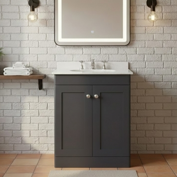Nuie Classique Floor Standing 2-Door Vanity Unit with 3TH White Round Marble Top Basin 600mm Wide - Satin Anthracite