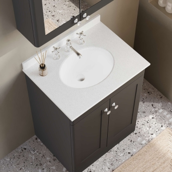 Nuie Classique Floor Standing 2-Door Vanity Unit with 3TH White Round Marble Top Basin 600mm Wide - Satin Anthracite | Product Image