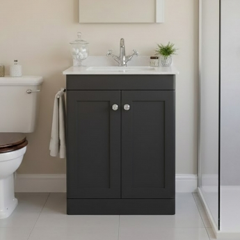 Nuie Classique Floor Standing 2-Door Vanity Unit with 1TH White Square Marble Top Basin 600mm Wide - Satin Anthracite