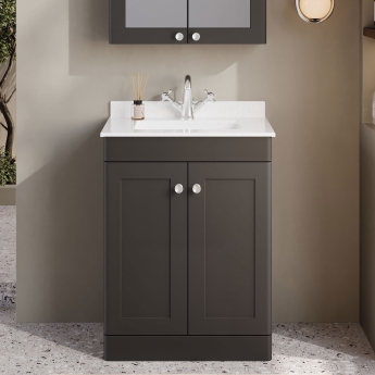 Nuie Classique Floor Standing 2-Door Vanity Unit with 1TH White Square Marble Top Basin 600mm Wide - Satin Anthracite | Product Image