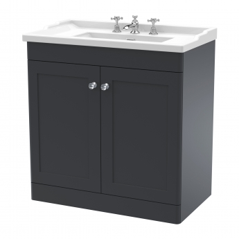 Nuie Classique Floor Standing 2-Door Vanity Unit with Traditional Basin 800mm Wide Satin Anthracite - 3 Tap Hole