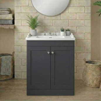 Nuie Classique Floor Standing 2-Door Vanity Unit with Traditional Basin 800mm Wide Satin Anthracite - 3 Tap Hole