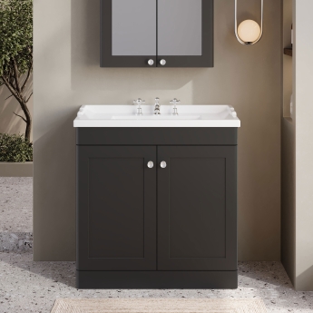 Nuie Classique Floor Standing 2-Door Vanity Unit with Traditional Basin 800mm Wide Satin Anthracite - 3 Tap Hole | Product Image