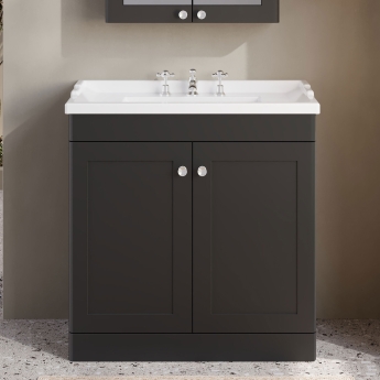 Nuie Classique Floor Standing 2-Door Vanity Unit with Traditional Basin 800mm Wide Satin Anthracite - 3 Tap Hole | Product Image