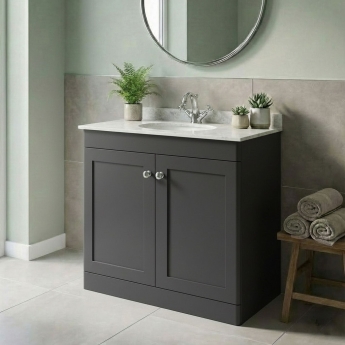 Nuie Classique Floor Standing 2-Door Vanity Unit with 1TH Grey Marble Top Basin 800mm Wide - Satin Anthracite