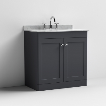 Nuie Classique Floor Standing 2-Door Vanity Unit with 3TH Grey Marble Top Basin 800mm Wide - Satin Anthracite