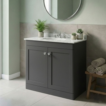 Nuie Classique Floor Standing 2-Door Vanity Unit with 3TH Grey Marble Top Basin 800mm Wide - Satin Anthracite