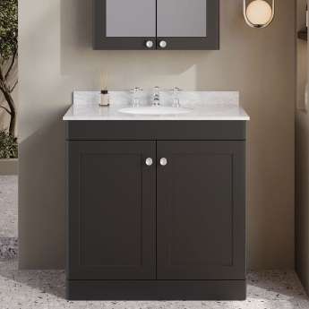 Nuie Classique Floor Standing 2-Door Vanity Unit with 3TH Grey Marble Top Basin 800mm Wide - Satin Anthracite | Product Image