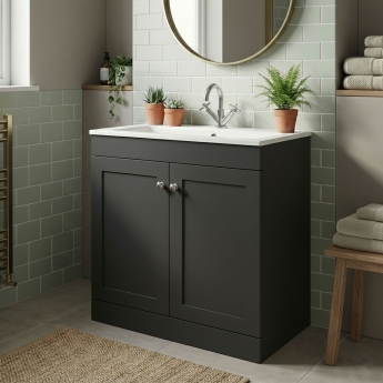 Nuie Classique Floor Standing 2-Door Vanity Unit with 1TH Stone Basin 800mm Wide - Soft Black | Product Image