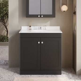 Nuie Classique Floor Standing 2-Door Vanity Unit with 3TH White Round Marble Top Basin 800mm Wide - Satin Anthracite | Product Image