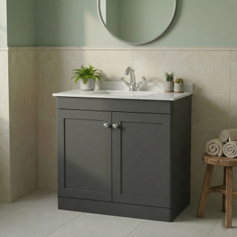 Nuie Classique Floor Standing 2-Door Vanity Unit with 1TH White Square Marble Top Basin 800mm Wide - Satin Anthracite