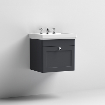 Nuie Classique Wall Hung 1-Drawer Vanity Unit with Basin 500mm Wide Satin Anthracite - 3 Tap Hole