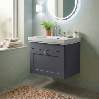 Nuie Classique Wall Hung 1-Drawer Vanity Unit with Basin 500mm Wide Satin Anthracite - 3 Tap Hole