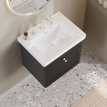 Nuie Classique Wall Hung 1-Drawer Vanity Unit with Basin 500mm Wide Satin Anthracite - 3 Tap Hole | Product Image