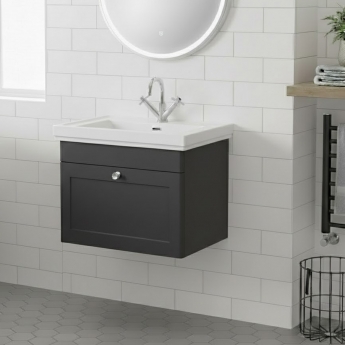 Nuie Classique Wall Hung 1-Drawer Vanity Unit with Basin 600mm Wide Satin Anthracite - 1 Tap Hole