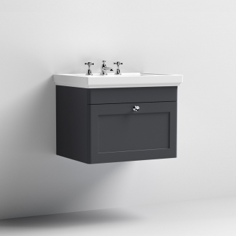 Nuie Classique Wall Hung 1-Drawer Vanity Unit with Basin 600mm Wide Satin Anthracite - 3 Tap Hole