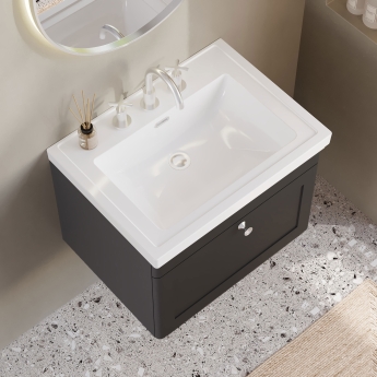 Nuie Classique Wall Hung 1-Drawer Vanity Unit with Basin 600mm Wide Satin Anthracite - 3 Tap Hole | Product Image