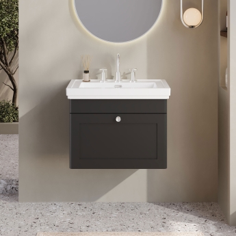 Nuie Classique Wall Hung 1-Drawer Vanity Unit with Basin 600mm Wide Satin Anthracite - 3 Tap Hole | Product Image