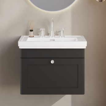 Nuie Classique Wall Hung 1-Drawer Vanity Unit with Basin 600mm Wide Satin Anthracite - 3 Tap Hole | Product Image