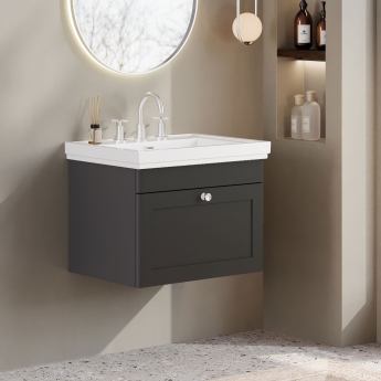 Nuie Classique Wall Hung 1-Drawer Vanity Unit with Basin 600mm Wide Satin Anthracite - 3 Tap Hole | Product Image
