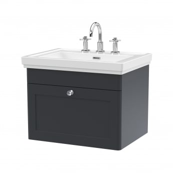 Nuie Classique Wall Hung 1-Drawer Vanity Unit with Basin 600mm Wide Satin Anthracite - 3 Tap Hole