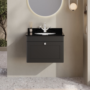Nuie Classique Wall Hung 1-Drawer Vanity Unit with 1TH Black Marble Top Basin 600mm Wide - Satin Anthracite | Product Image