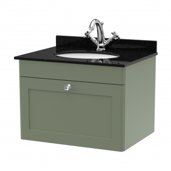 Nuie Classique Wall Hung 1-Drawer Vanity Unit with 1TH Black Marble Top Basin 600mm Wide - Satin Green | Product Image