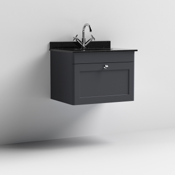 Nuie Classique Wall Hung 1-Drawer Vanity Unit with 1TH Black Marble Top Basin 600mm Wide - Satin Anthracite