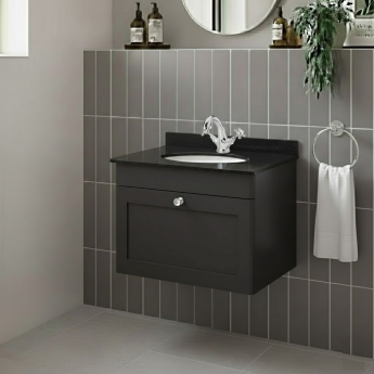 Nuie Classique Wall Hung 1-Drawer Vanity Unit with 1TH Black Marble Top Basin 600mm Wide - Satin Anthracite