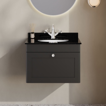 Nuie Classique Wall Hung 1-Drawer Vanity Unit with 1TH Black Marble Top Basin 600mm Wide - Satin Anthracite | Product Image