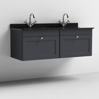 Nuie Classique Wall Hung 2-Drawer Vanity Unit with 1TH Black Marble Top Basin 1200mm Wide - Satin Anthracite