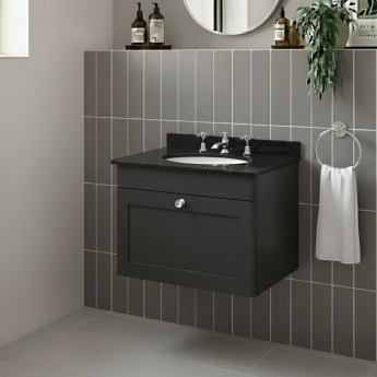 Nuie Classique Wall Hung 1-Drawer Vanity Unit with 3TH Black Marble Top Basin 600mm Wide - Satin Anthracite