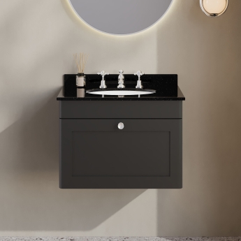 Nuie Classique Wall Hung 1-Drawer Vanity Unit with 3TH Black Marble Top Basin 600mm Wide - Satin Anthracite | Product Image
