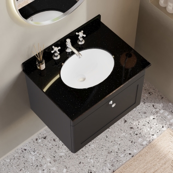 Nuie Classique Wall Hung 1-Drawer Vanity Unit with 3TH Black Marble Top Basin 600mm Wide - Satin Anthracite | Product Image