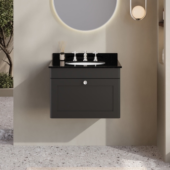 Nuie Classique Wall Hung 1-Drawer Vanity Unit with 3TH Black Marble Top Basin 600mm Wide - Satin Anthracite | Product Image