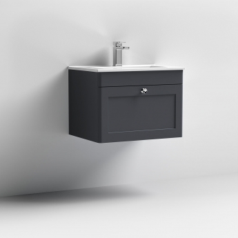 Nuie Classique Wall Hung 1-Drawer Vanity Unit with 1TH Minimalist Basin 600mm Wide - Satin Anthracite | Product Image
