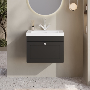 Nuie Classique Wall Hung 1-Drawer Vanity Unit with 1TH Minimalist Basin 600mm Wide - Satin Anthracite | Product Image