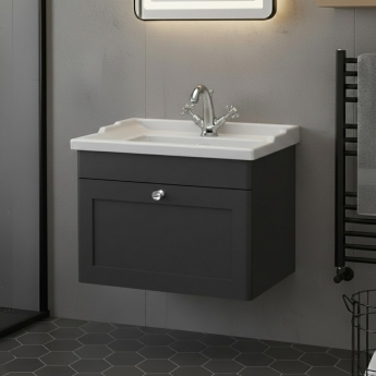 Nuie Classique Wall Hung 1-Drawer Vanity Unit with Traditional Basin 600mm Wide Satin Anthracite - 1 Tap Hole