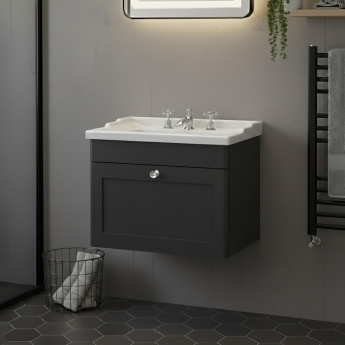 Nuie Classique Wall Hung 1-Drawer Vanity Unit with Traditional Basin 600mm Wide Satin Anthracite - 3 Tap Hole