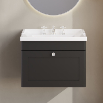 Nuie Classique Wall Hung 1-Drawer Vanity Unit with Traditional Basin 600mm Wide Satin Anthracite - 3 Tap Hole | Product Image