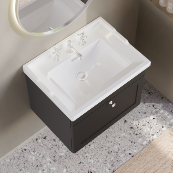 Nuie Classique Wall Hung 1-Drawer Vanity Unit with Traditional Basin 600mm Wide Satin Anthracite - 3 Tap Hole | Product Image